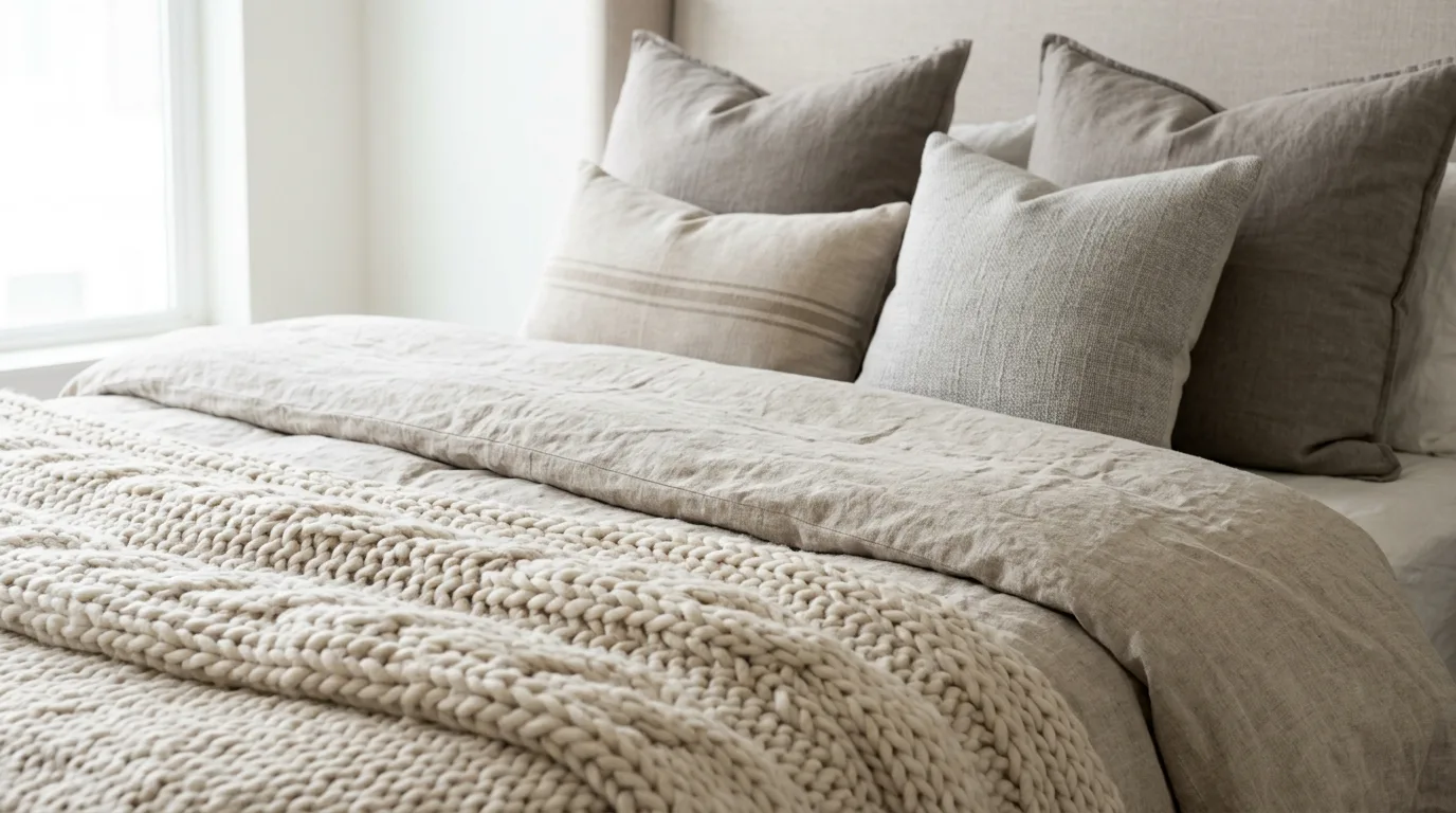 Show off fabric texture through close layering inspiration for a neutral bedroom.